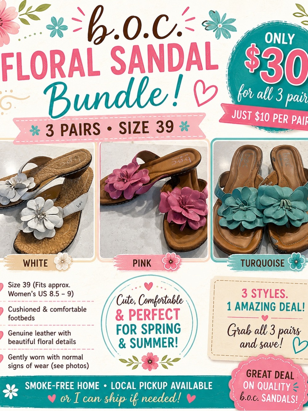 b.o.c. Floral Sandal Trio - White, Pink & Turquoise Flowers
